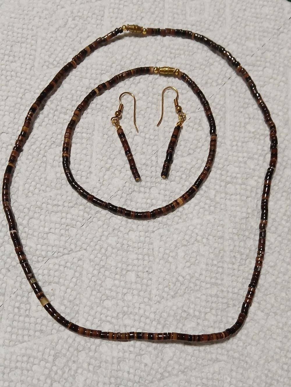Handmade Brown Beaded Necklace and Earrings Set